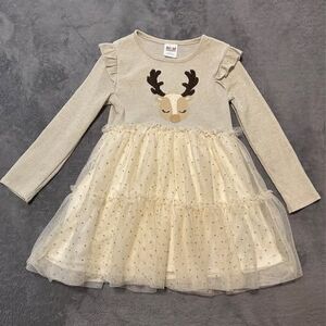 Girls Tan/Gold Reindeer Sparkly Tulle Dress